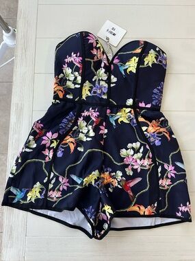 NEW LF Navy Strapless Floral Romper with Multicolor Print